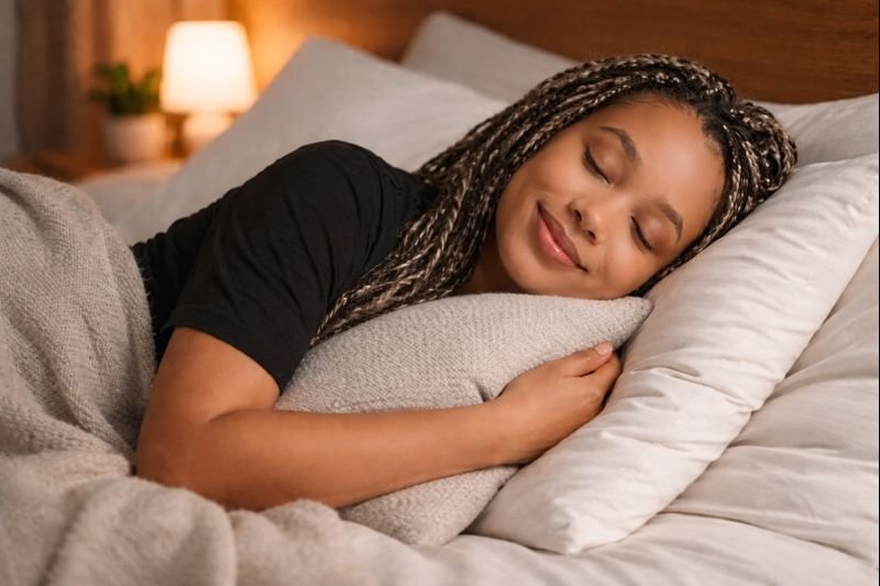 A person is peacefully sleeping in a bed. The bed is positioned near a wooden headboard, and the person is lying on a pillow. They are wearing a short-sleeve shirt, with one arm resting on their pillow and the other under the blanket.